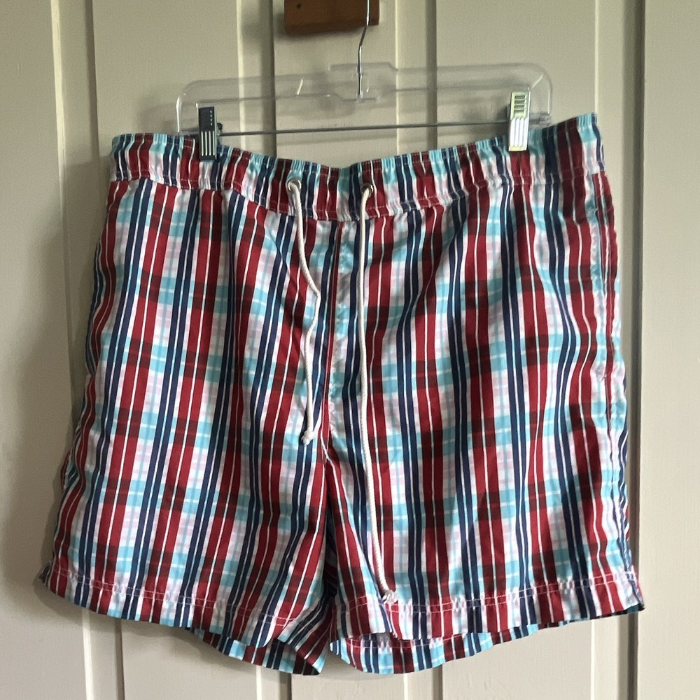 J.CREW Men's Plaid Swim Trunks L Red Blue White Drawstring Pockets Lined 76413